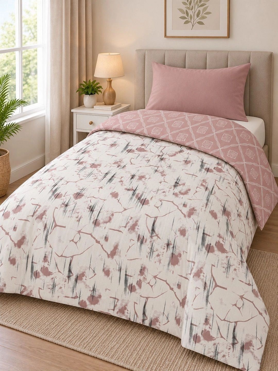 Myntra Elegant Homes Pink & White Printed Cotton Duvet Cover-picture-4