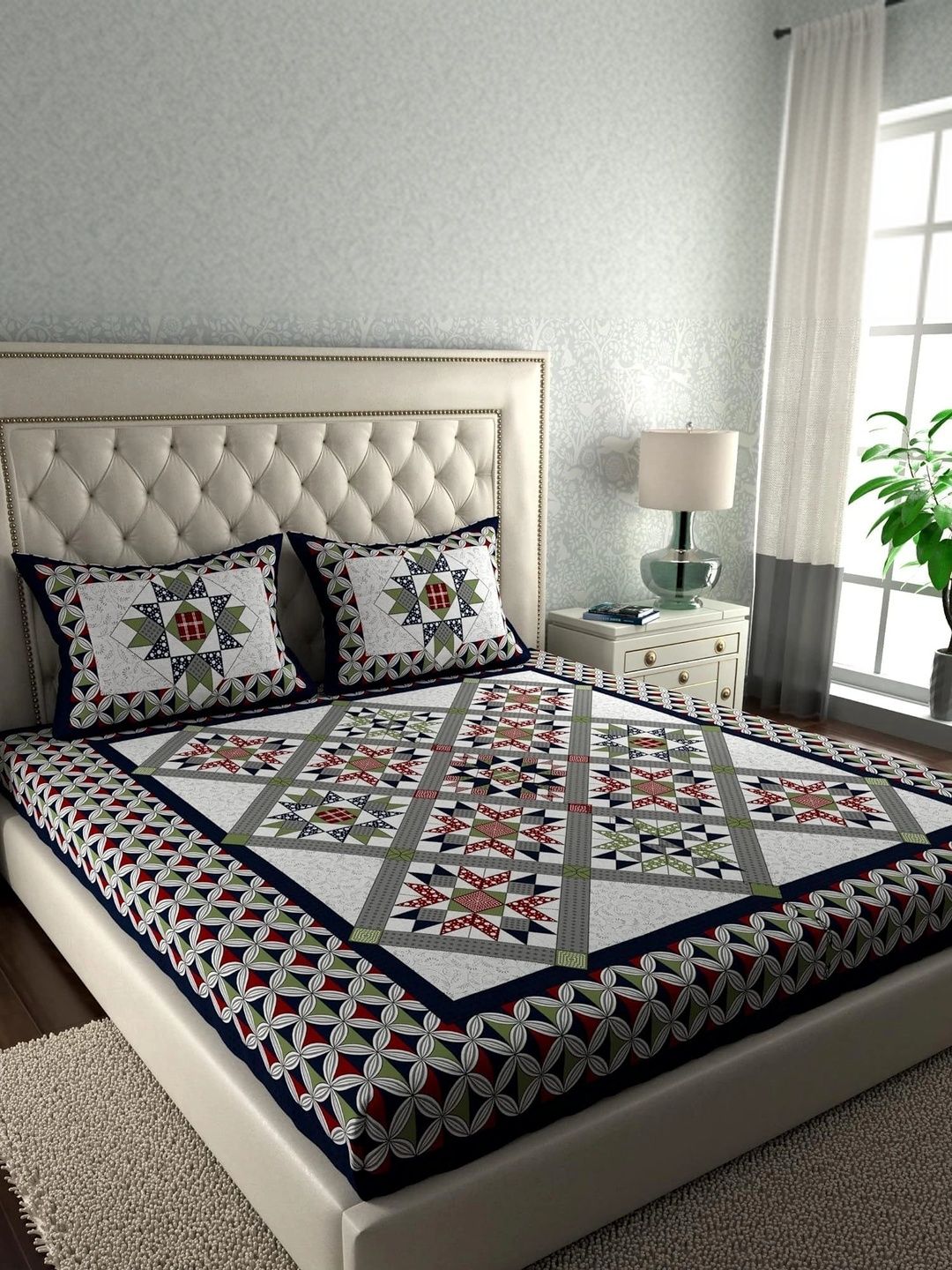 Myntra Elegant Homes White & Navy Blue Geometric 144 TC Queen Bedsheet with 2 Pillow Covers-picture-8