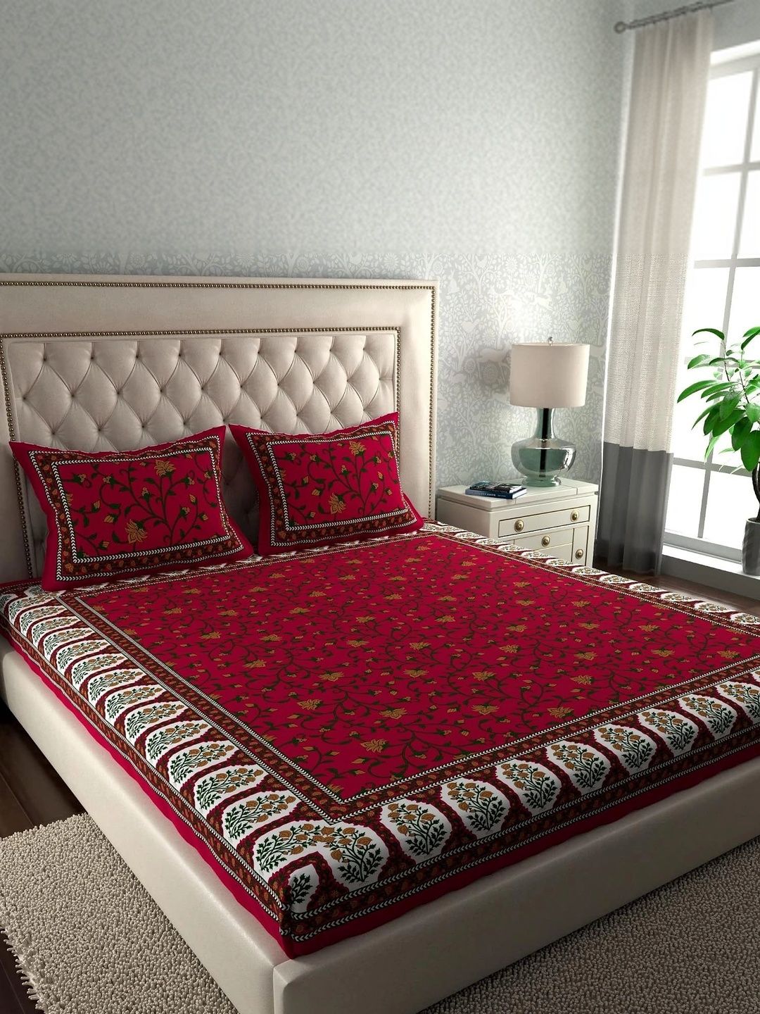 Myntra Elegant Homes Maroon & Gold-Toned Geometric 144 TC Queen Bedsheet with 2 Pillow Covers-picture-0