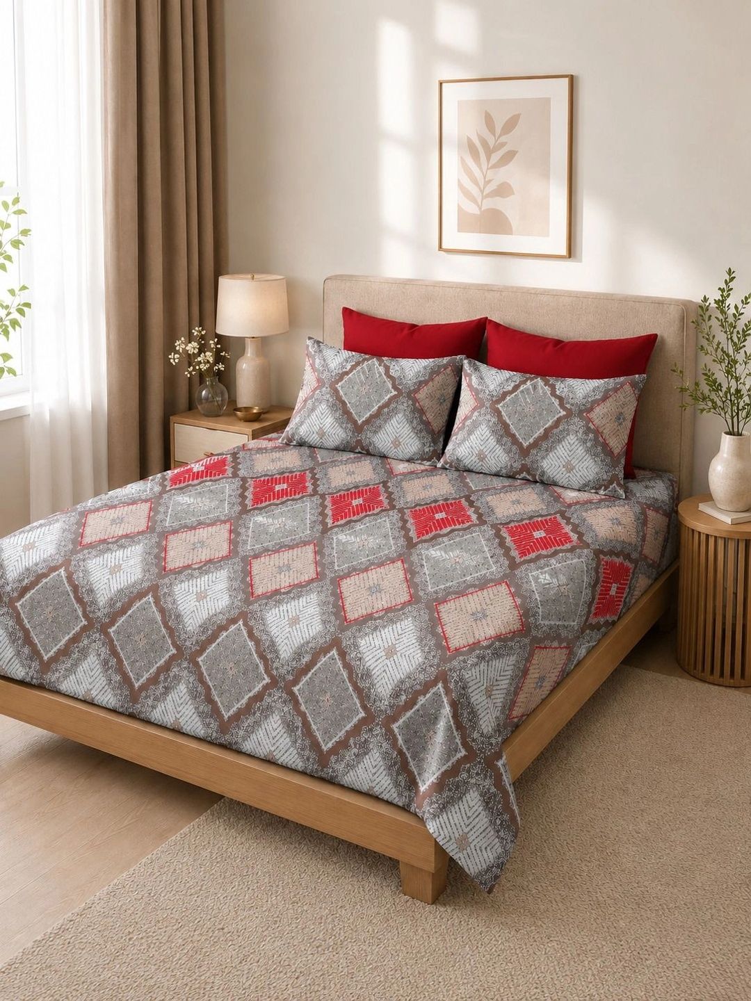 Myntra Elegant Homes Grey & Red Geometric 350 TC King Bedsheet with 2 Pillow Covers