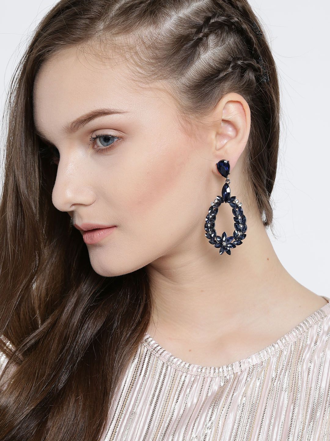 YouBella Navy Blue & Silver-Toned Stone-Studded Drop Earrings-picture-34