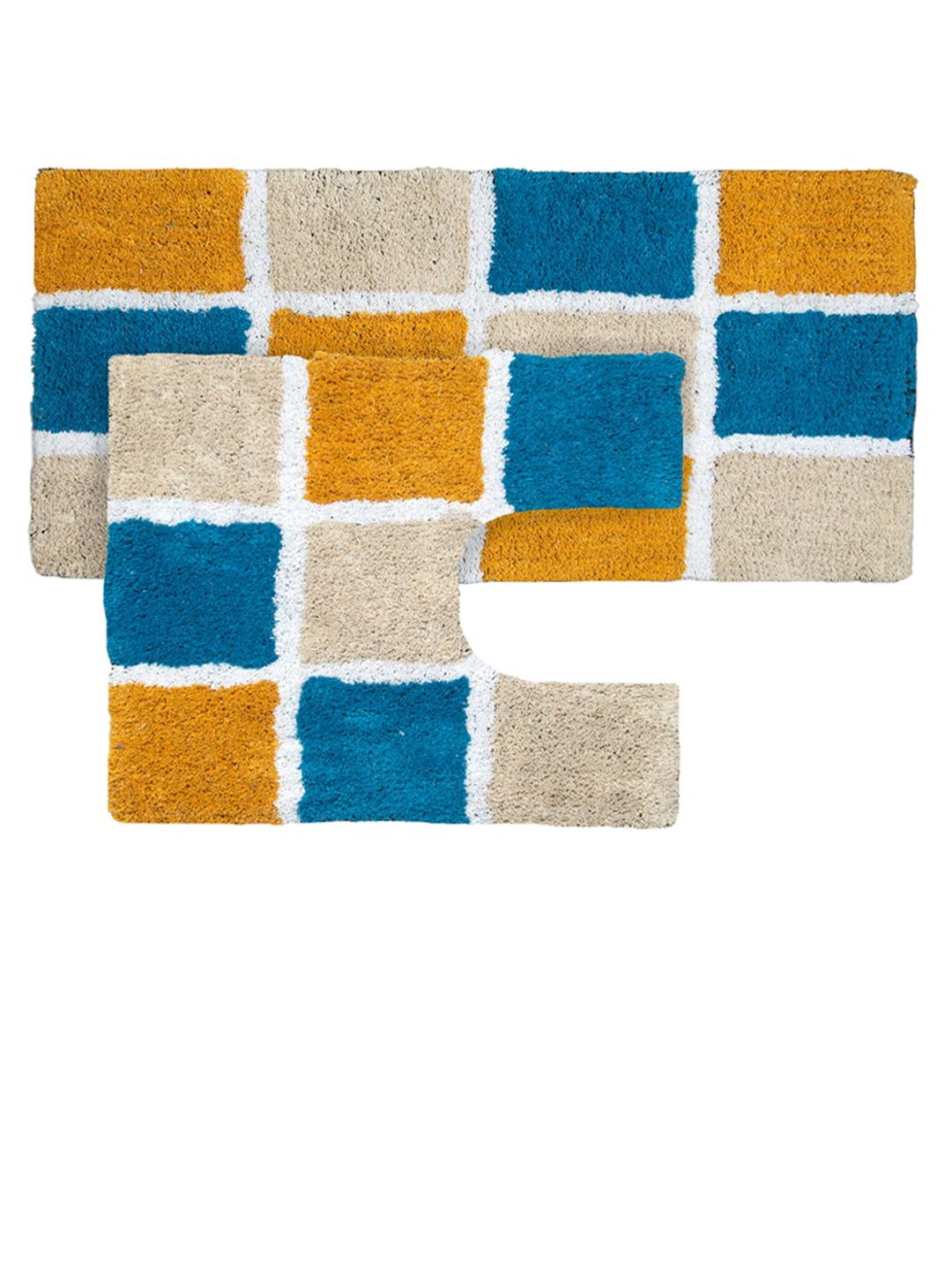 AAZEEM Blue& Mustard Checked Anti-Skid Cotton Doormat-picture-1