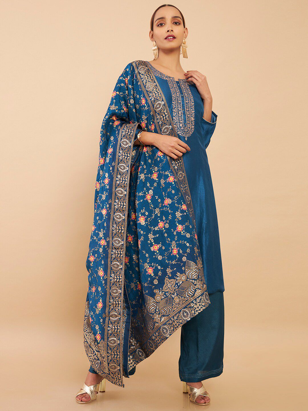 Soch Blue & Gold-Toned Embroidered Art Silk Unstitched Dress Material