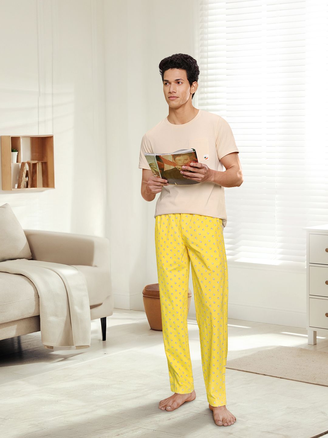 UnderJeans by Spykar Men Yellow Printed Cotton Lounge Pants-picture-30