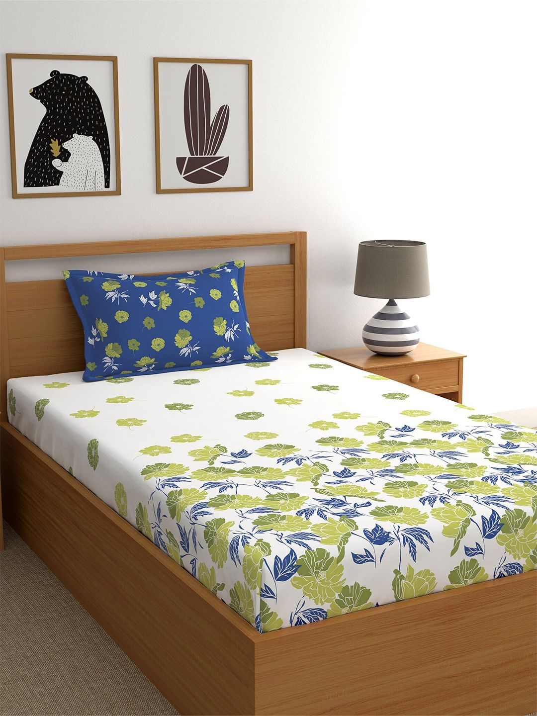 Dreamscape White & Green Floral 140 TC Cotton Single Bedsheet with 1 Pillow Covers-image-43
