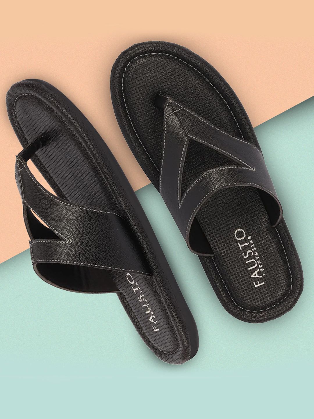 FAUSTO Men Black & White Textured Outdoor Thong Flip-Flops-picture-14
