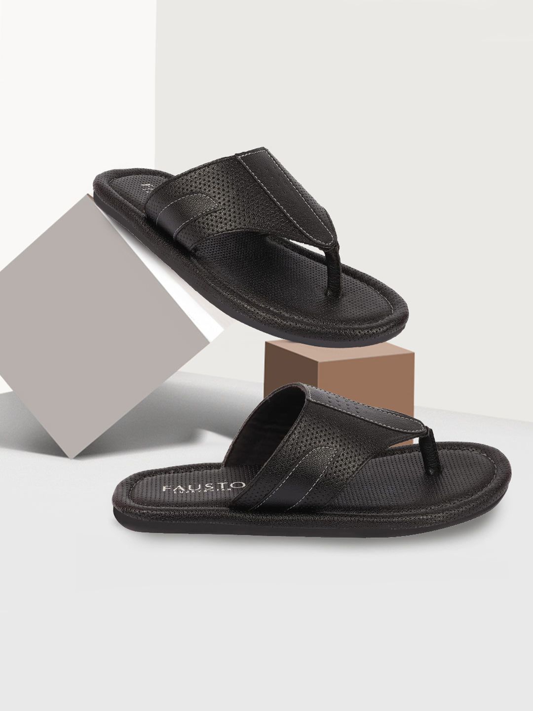 FAUSTO Men Black Textured Thong Flip-Flops-picture-42