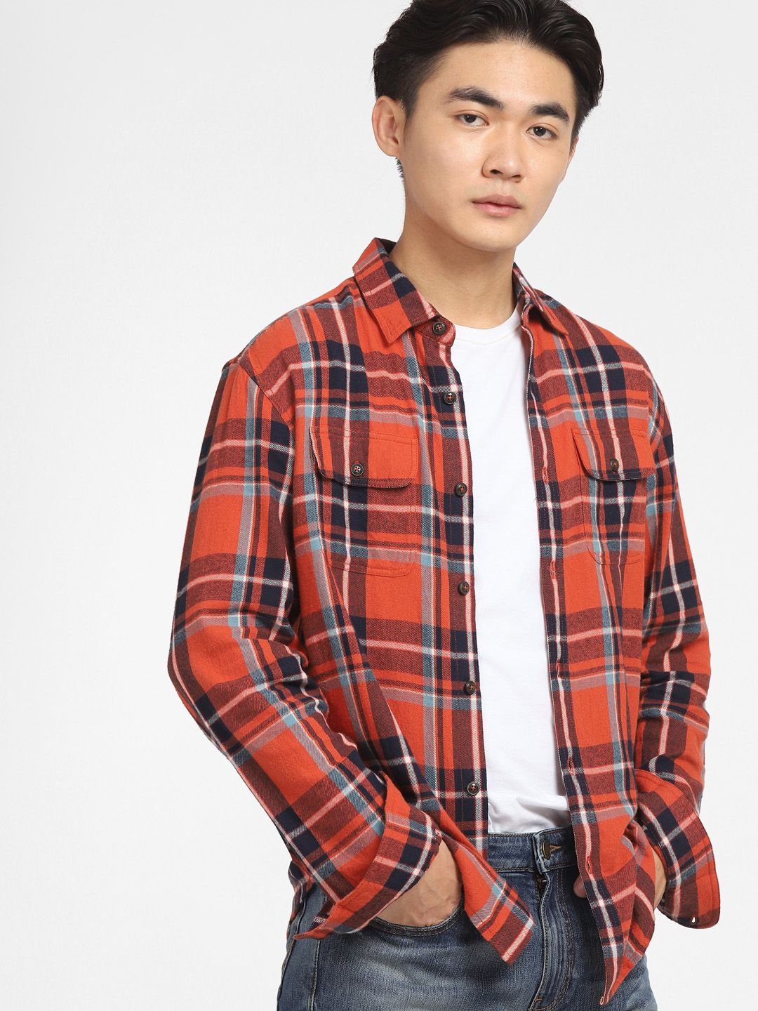 Jack & Jones Men Rust Red & Blue Checked Casual Shirt