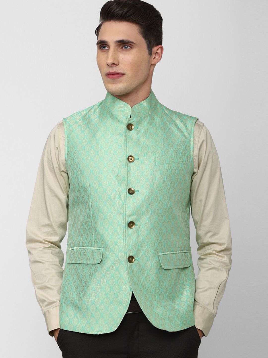 Peter England Elite Men Green Woven Design Nehru Jacket-picture-10