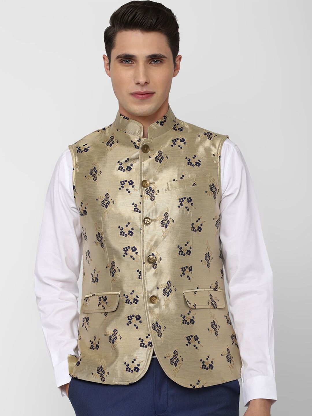 Peter England Elite Men Khaki Woven Design Nehru Jacket-picture-25