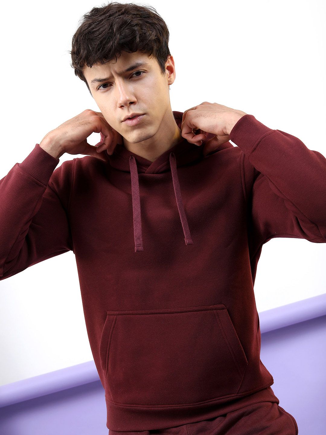 HIGHLANDER Men Burgundy Hooded Solid Sweatshirt-picture-12