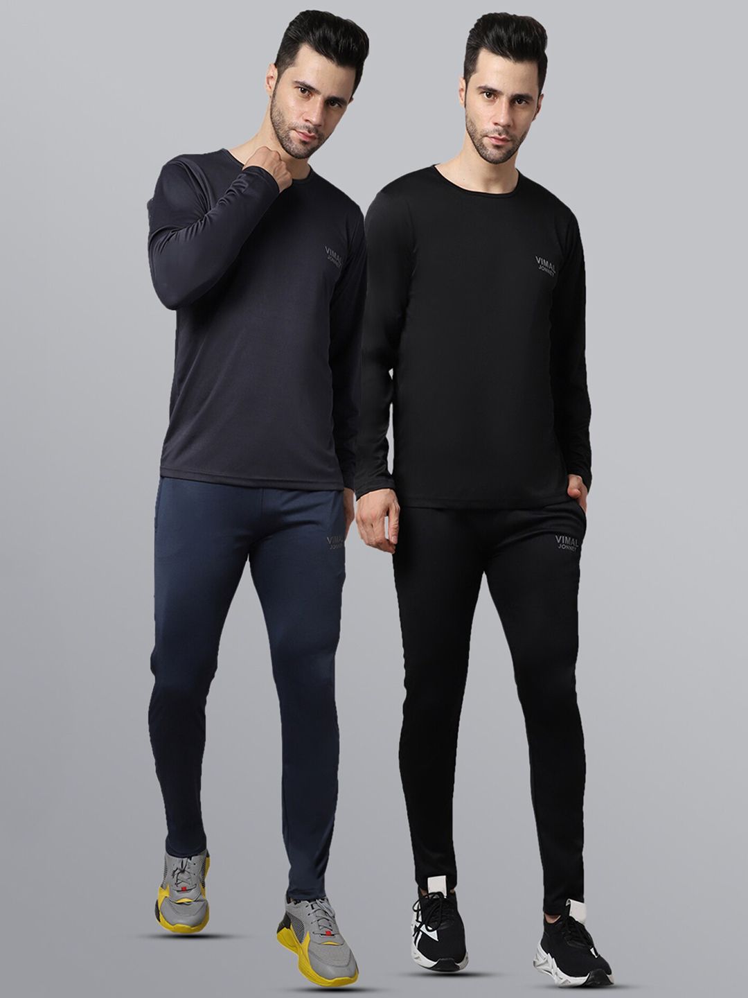 mack jonney VIMAL JONNEY Men Pack of 2 Black & Blue Solid Dryfit Lycra Tracksuits-picture-31