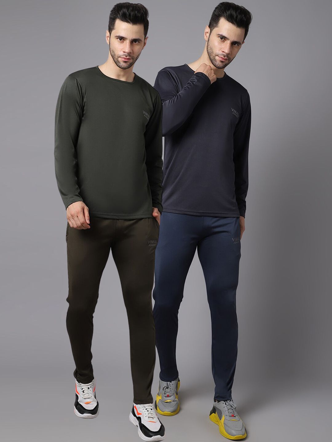 mack jonney VIMAL JONNEY Men Pack of 2 Olive Green & Blue Solid Dryfit Lycra Tracksuits-picture-16