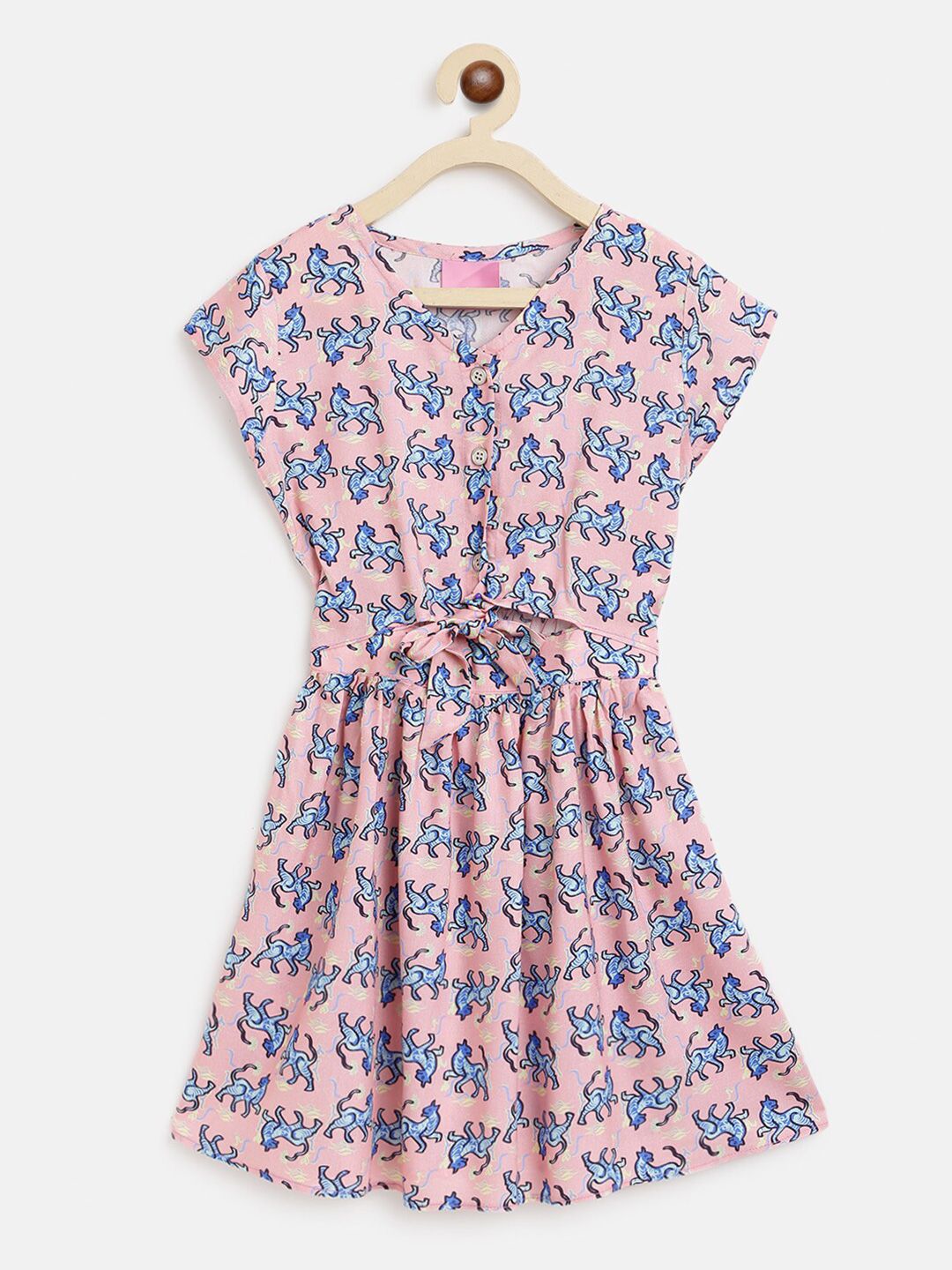 TALES & STORIES Girls Pink & Blue Printed Rayon A-Line Dress-picture-26