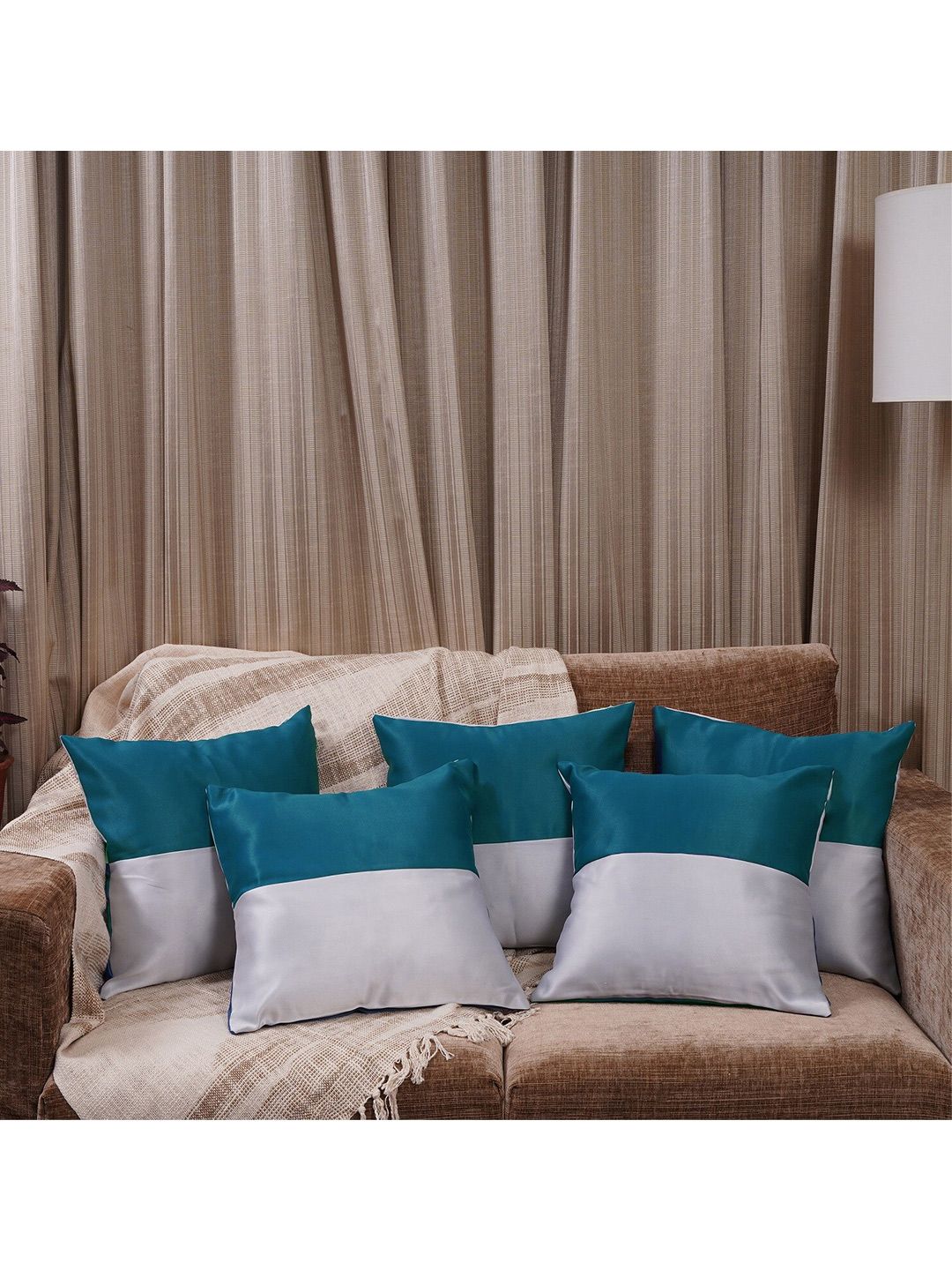 HOMEMONDE Set of 5 Blue & White Colourblocked Square Cushion Covers-picture-12