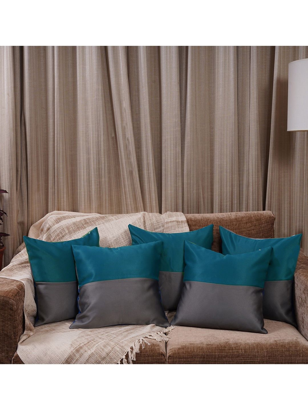 HOMEMONDE Blue & Grey Set of 5 Colourblocked Square Cushion Covers-picture-24