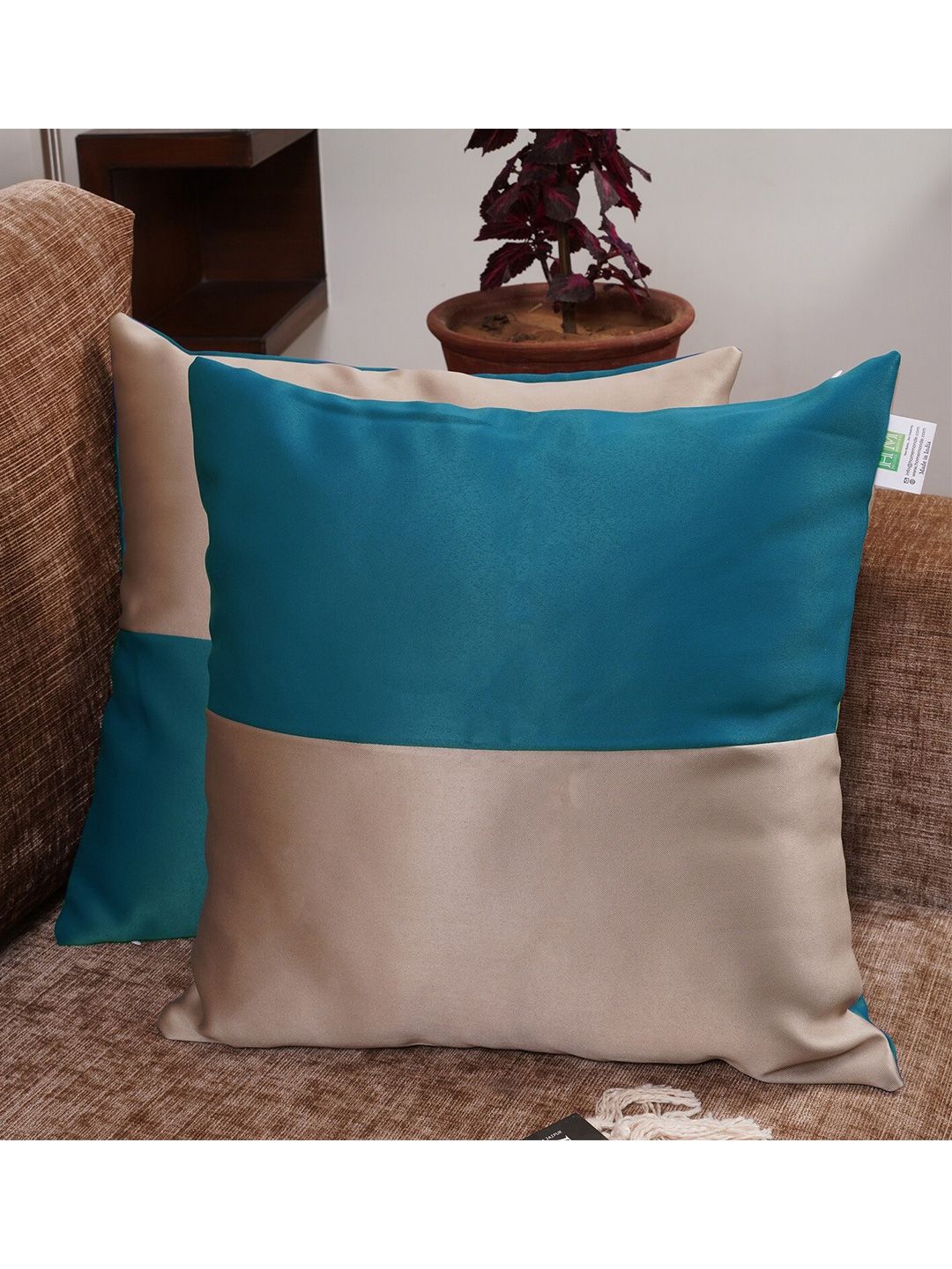 HOMEMONDE Blue & Beige Set of 2 Colourblocked Square Cushion Covers-picture-13