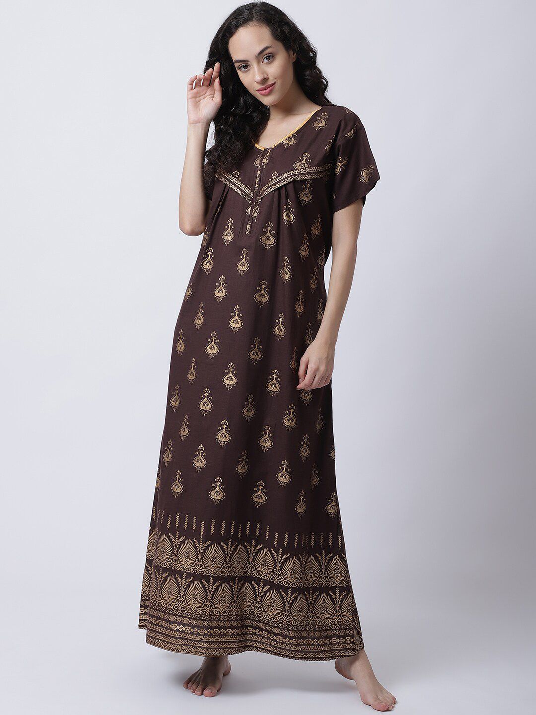 Secret Wish Women Brown Printed Pure Cotton Maxi Nightdress-picture-30