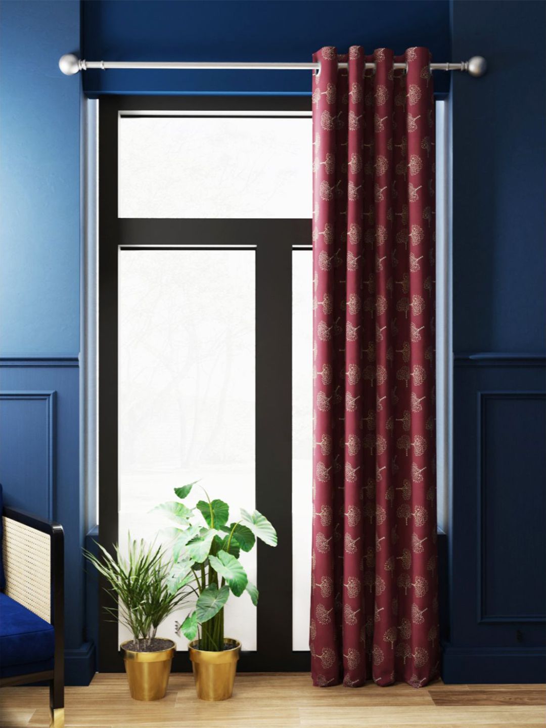 BIANCA Maroon & Gold-Toned Floral Printed Black Out Door Curtain-picture-20