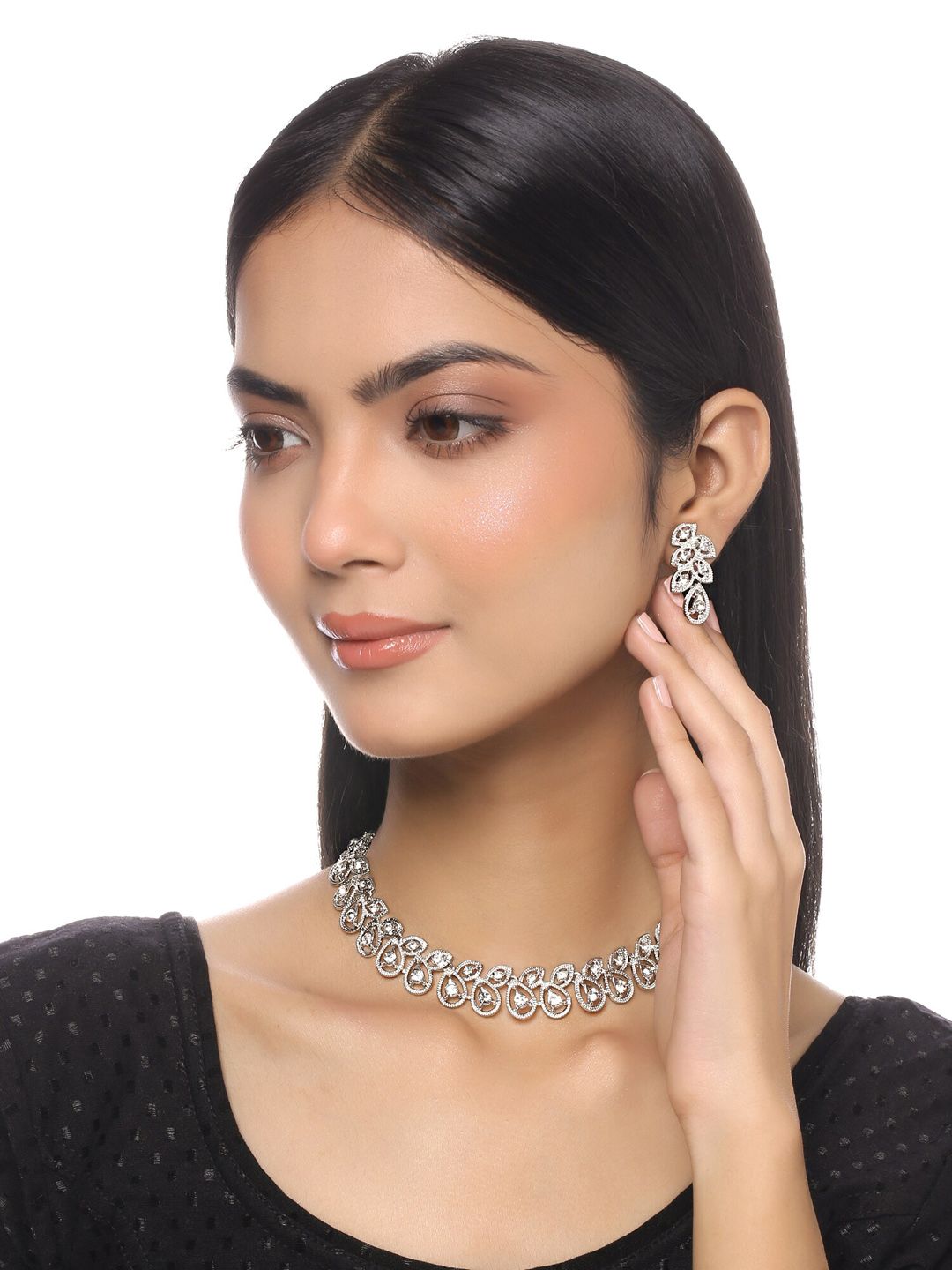 Yellow Chimes Silver-Plated White Crystal Studded Jewellery Set-picture-29