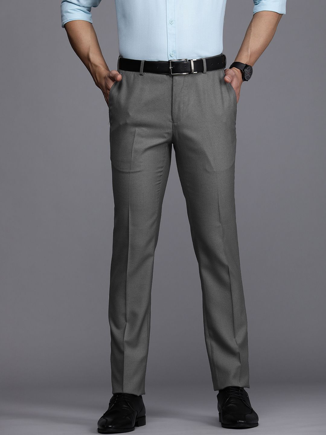 Raymond Men Grey Checked Slim Fit Formal Trousers-picture-14