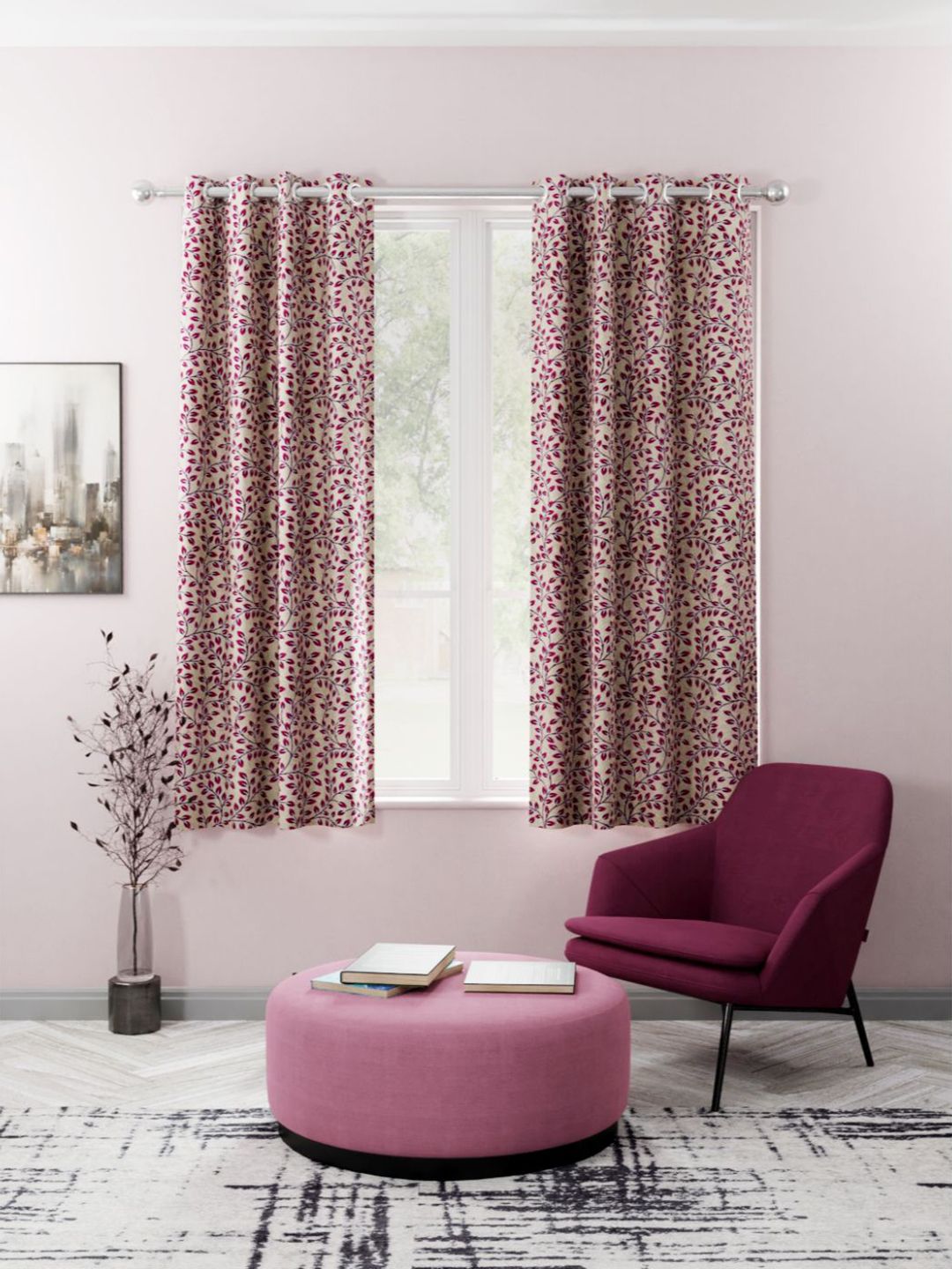 BIANCA Beige & Maroon Set of 2 Floral Window Curtain-image-5