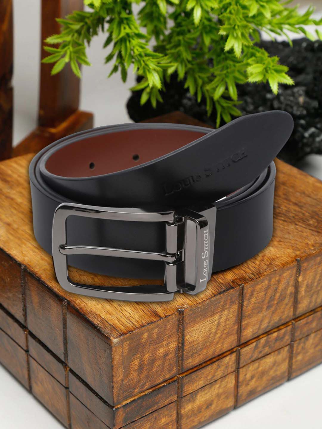 LOUIS STITCH Men Black Leather Reversible Formal Belt