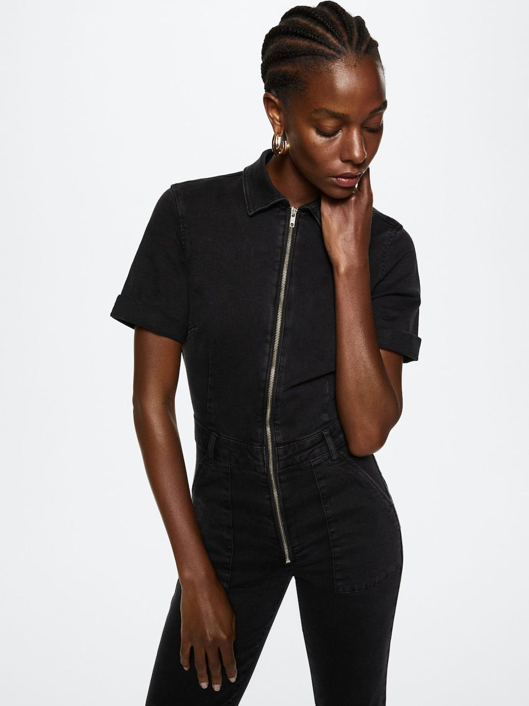MANGO Women Black Solid Long Denim Basic Jumpsuit-picture-14