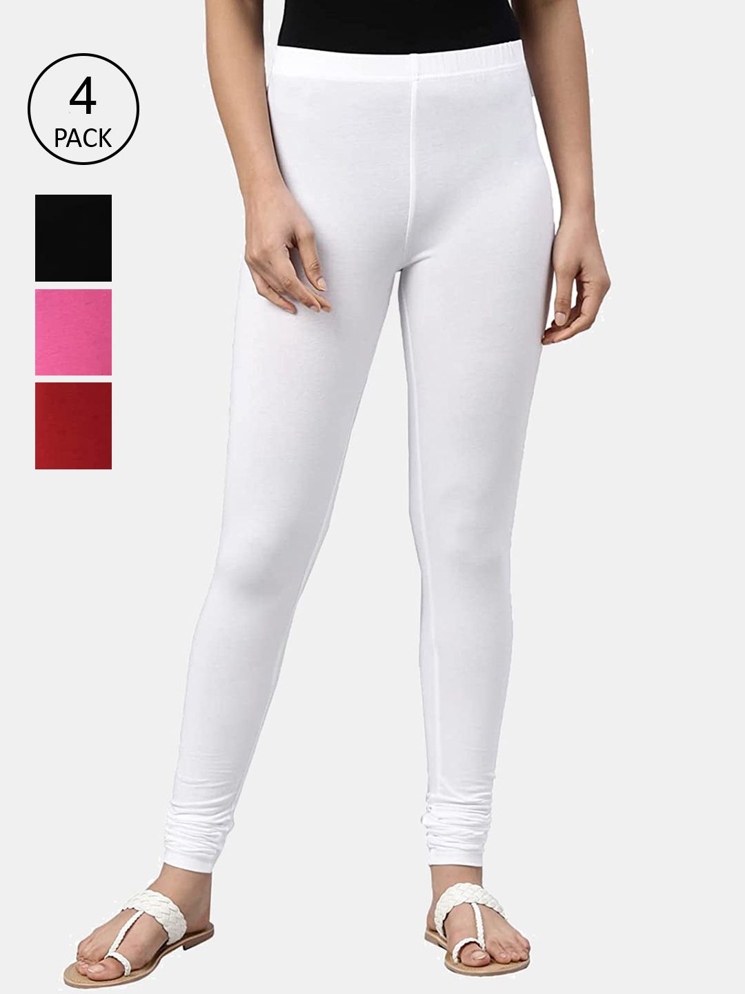 FRENCH KLEIDER Girls Pack Of 4 Pink & Black Solid Cotton Churidar-Length Leggings-picture-25