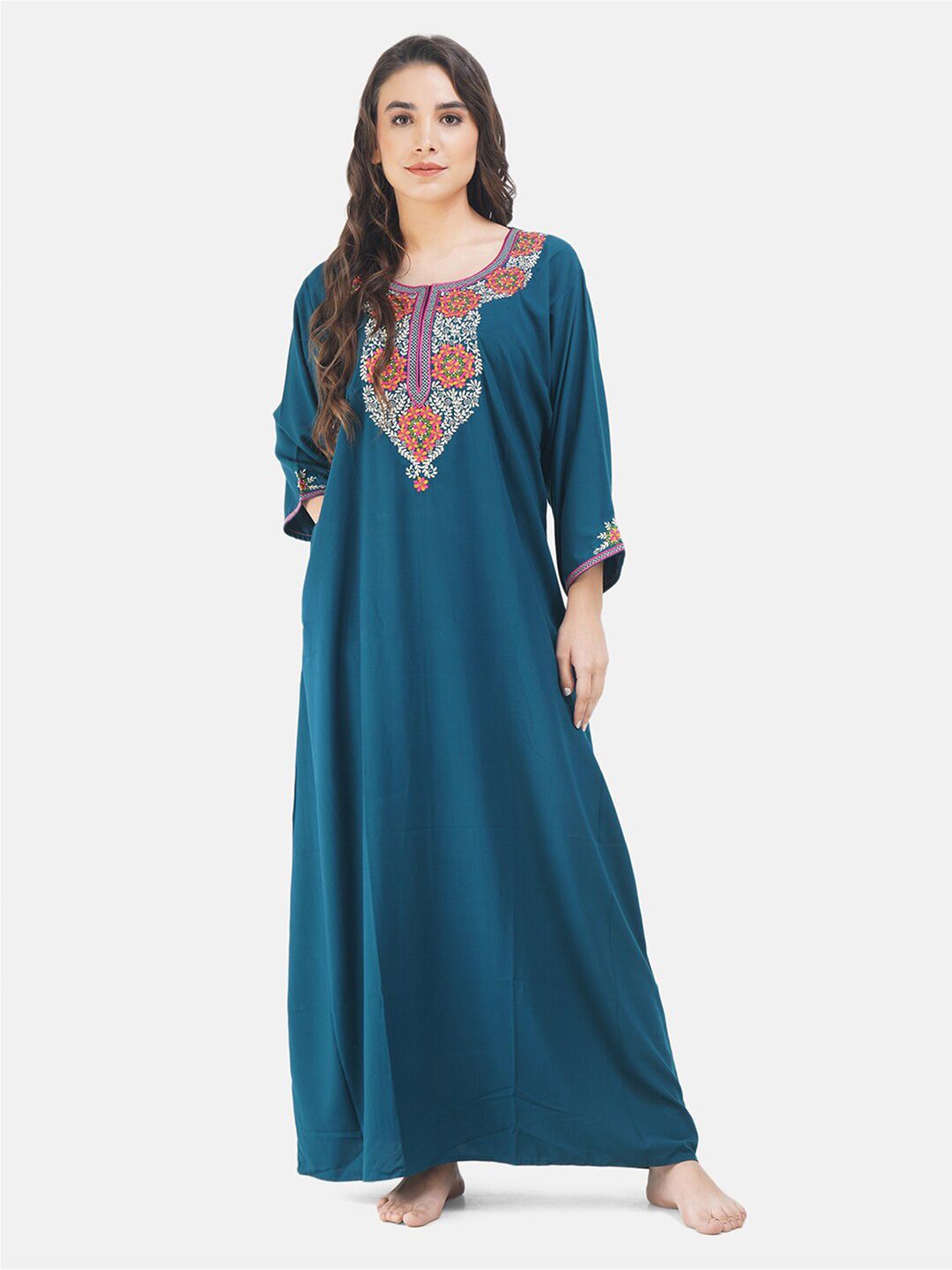 KOI SLEEPWEAR Blue Embroidered Maxi Nightdress 9 FLOWER PEACOCK-picture-13