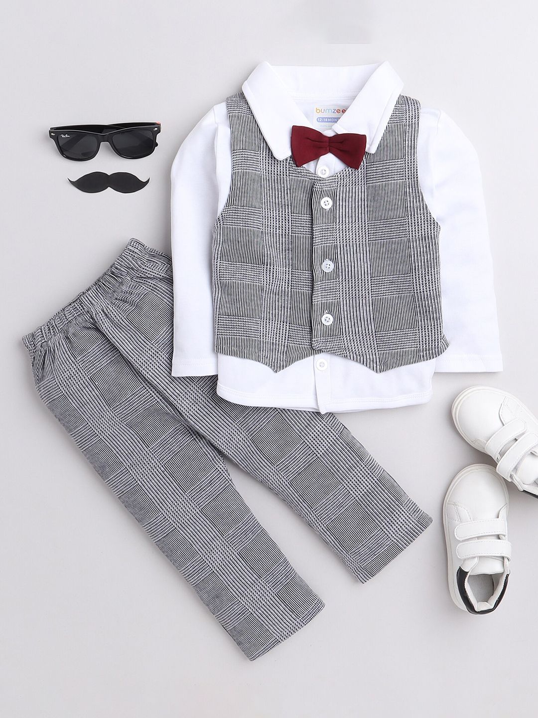 BUMZEE Boys Grey & White Pure Cotton Shirt with Trousers With Applique Bow-picture-39