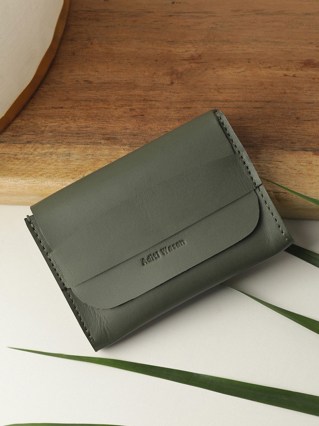 Aditi Wasan Unisex Olive Green Abstract Textured Leather Card Holder-image-3