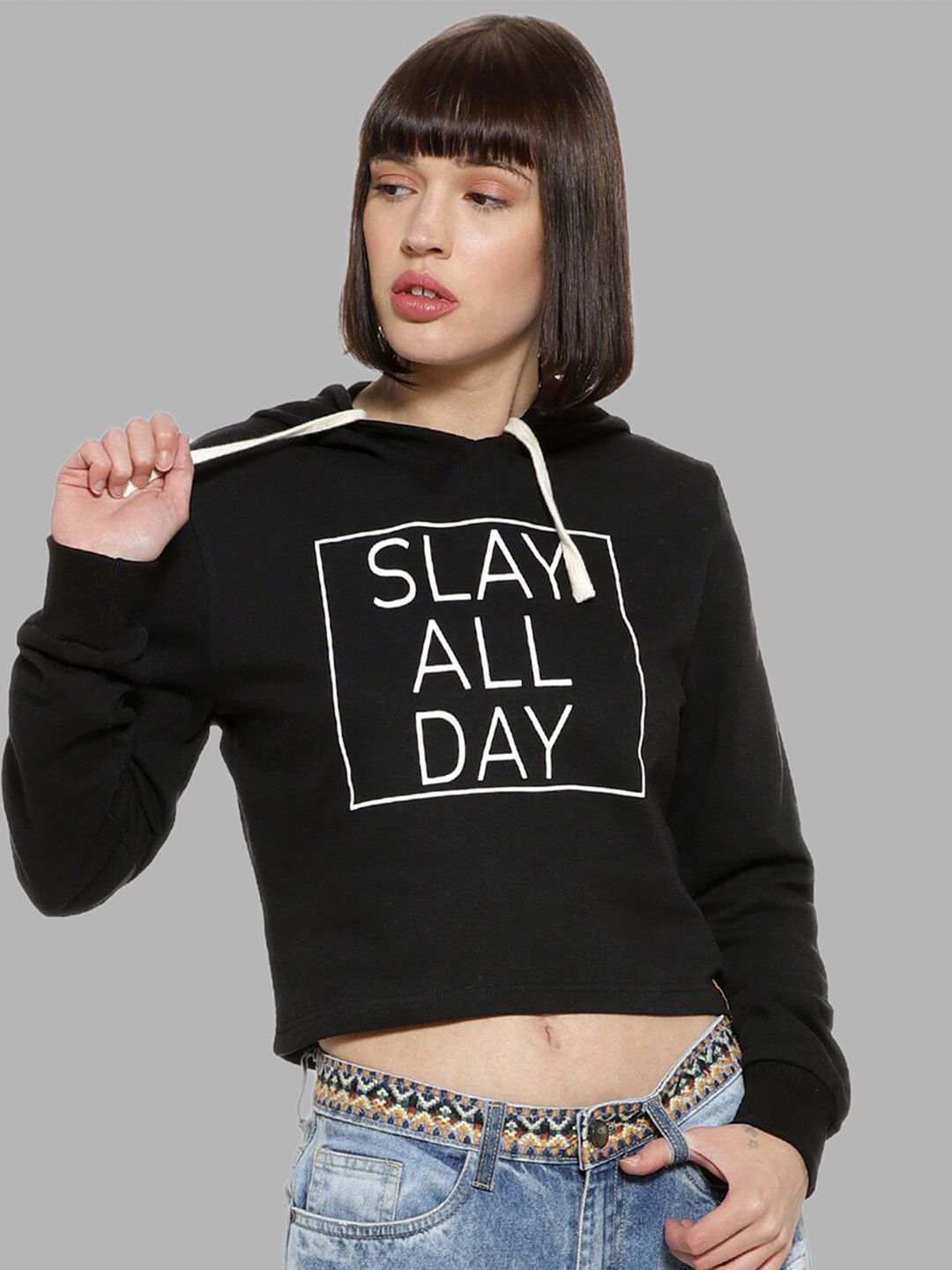pinacolada Campus Sutra Women Black Printed Hooded Cotton Sweatshirt-picture-26
