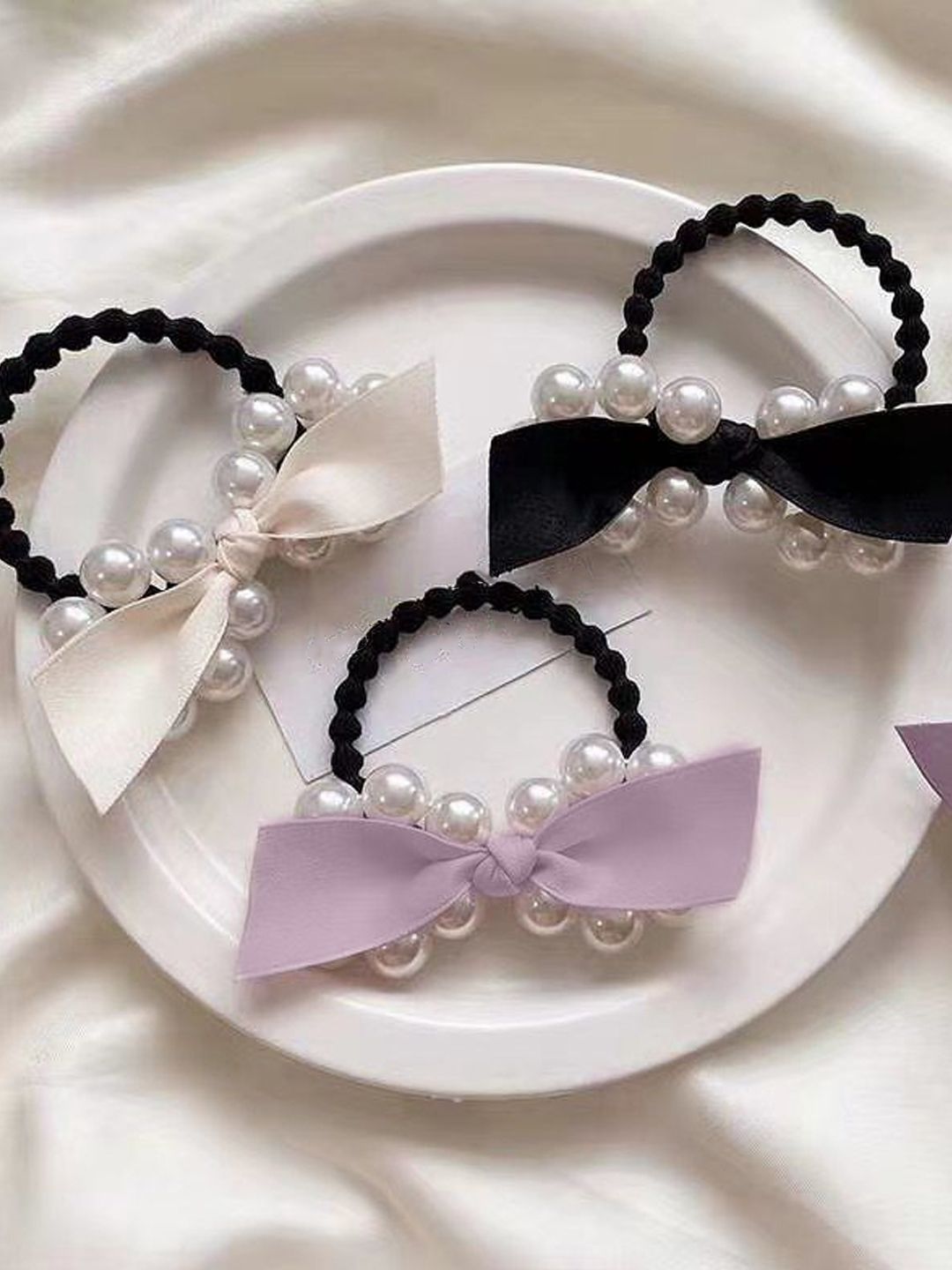 OOMPH Women Purple & White Set of 3 Embellished Ponytail Holders-image-9