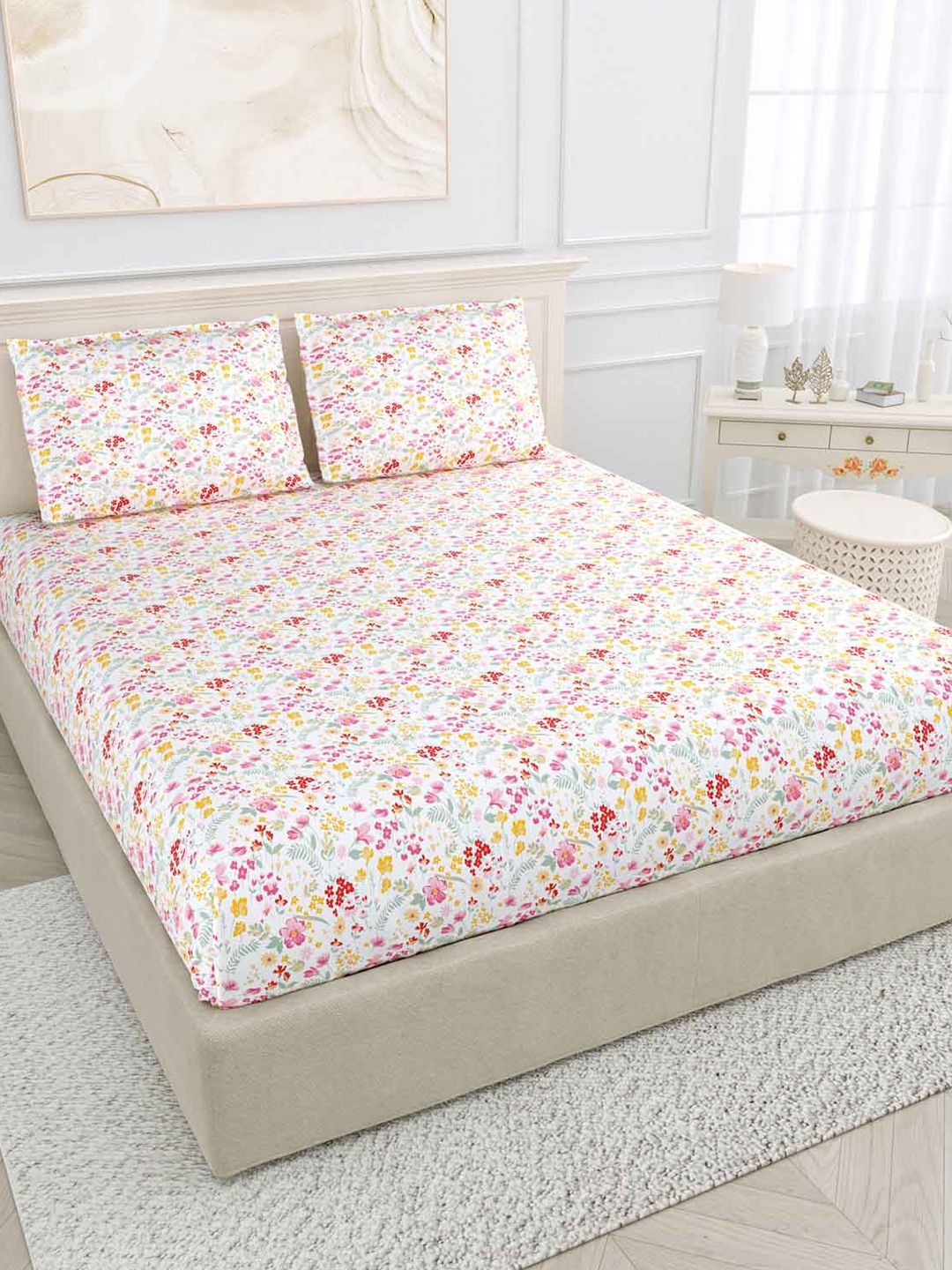 haus & kinder Pink Floral 186 TC King Pure Cotton Utopia Bedsheet with 2 Pillow Covers-picture-32