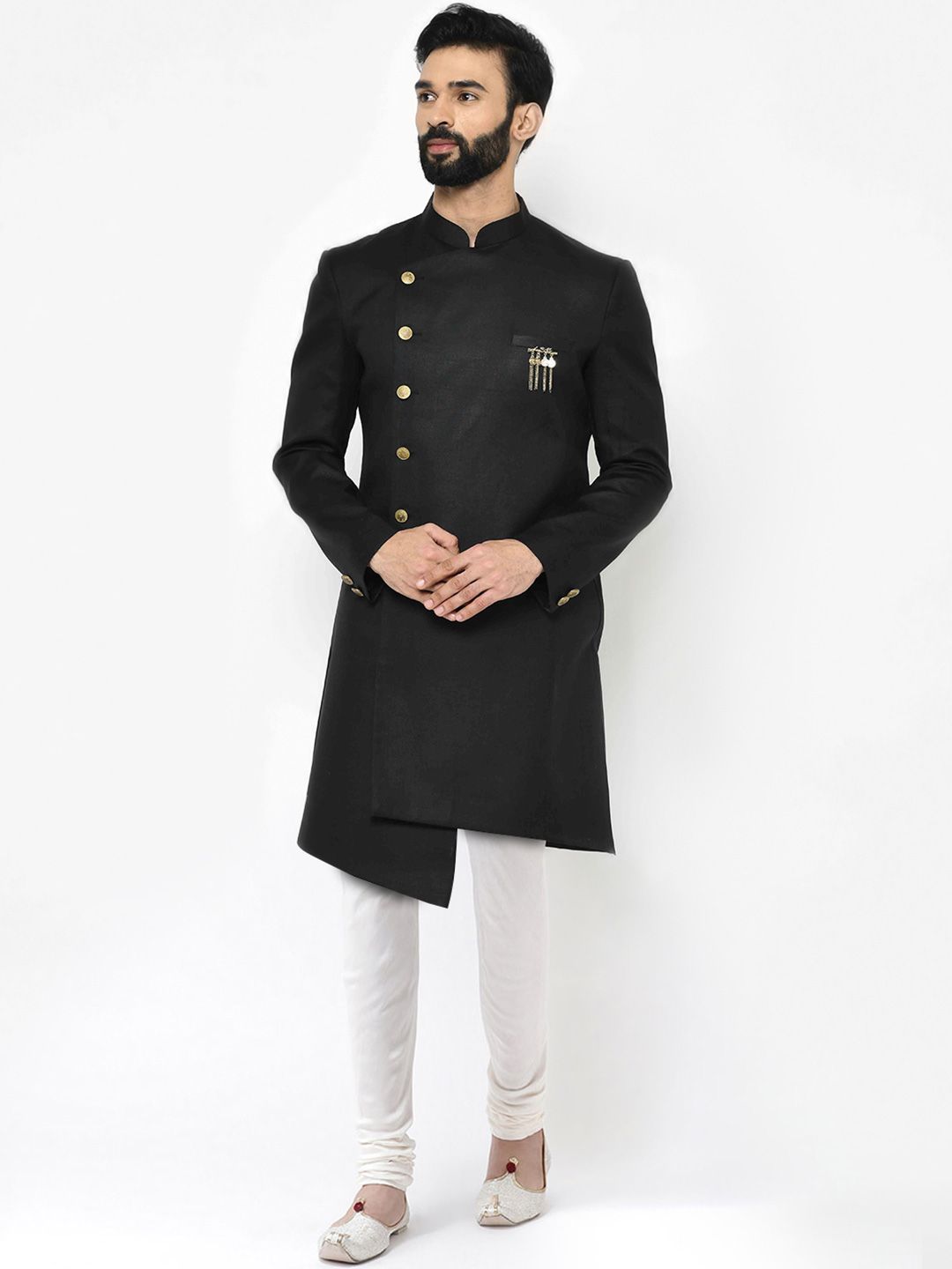 KISAH Men Black & Cream-Coloured Cotton Asymmetric Hem Sherwani Set-picture-18