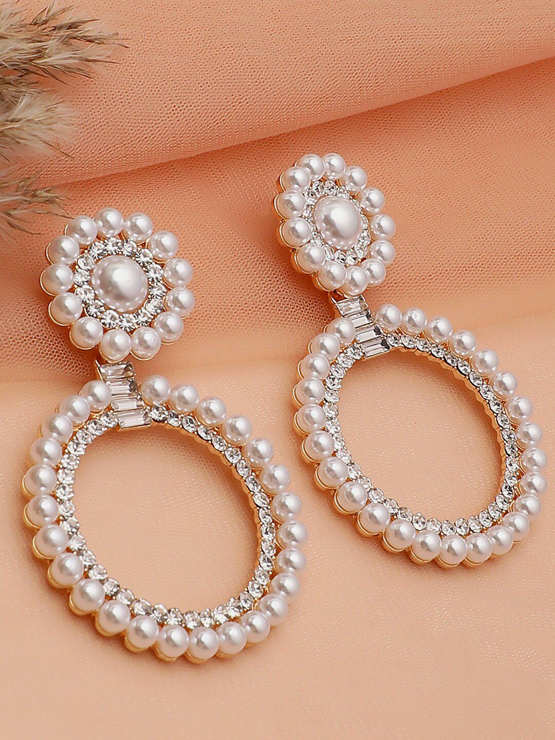 SOHI White Circular Stone and Pearls Drop Earrings-image-5