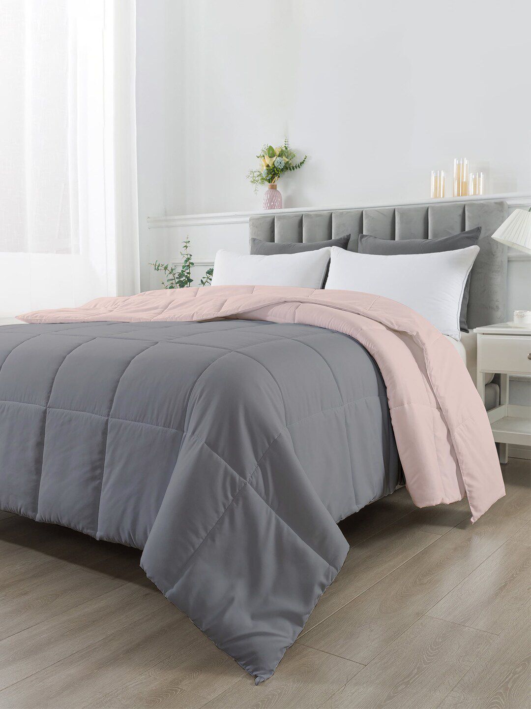 RAZZAI Peach & Grey Microfiber Mild Winter 210 GSM Reversible Double Bed Comforter-picture-39