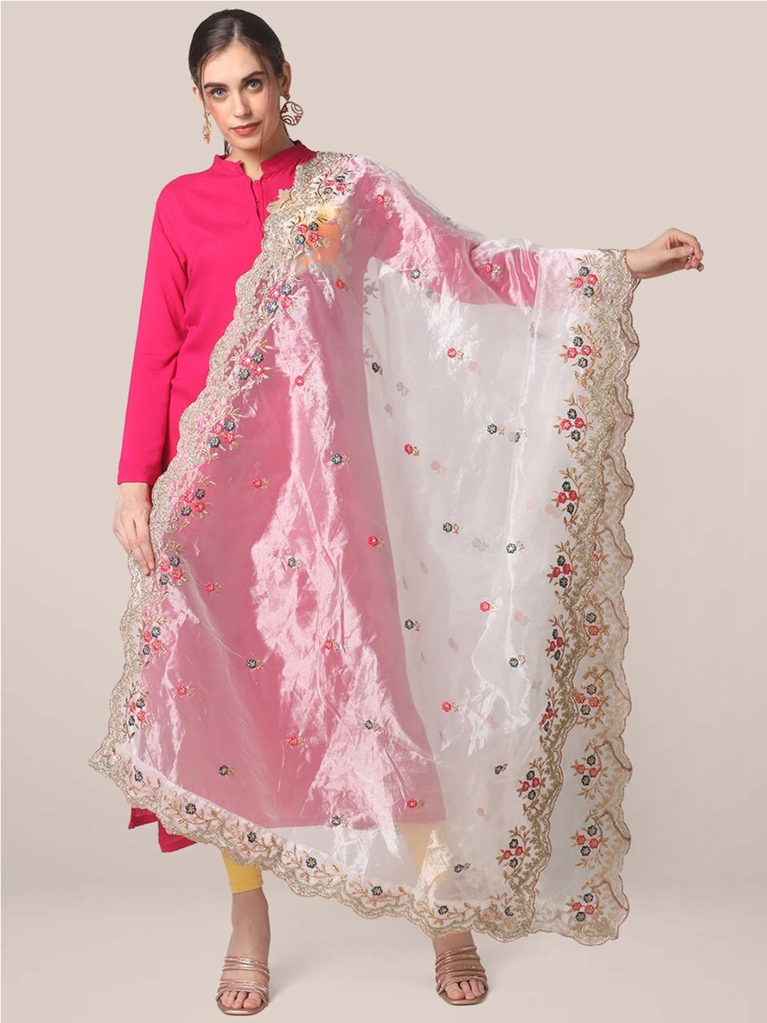 Dupatta Bazaar White & Gold-Toned Embroidered Organza Dupatta with Sequinned