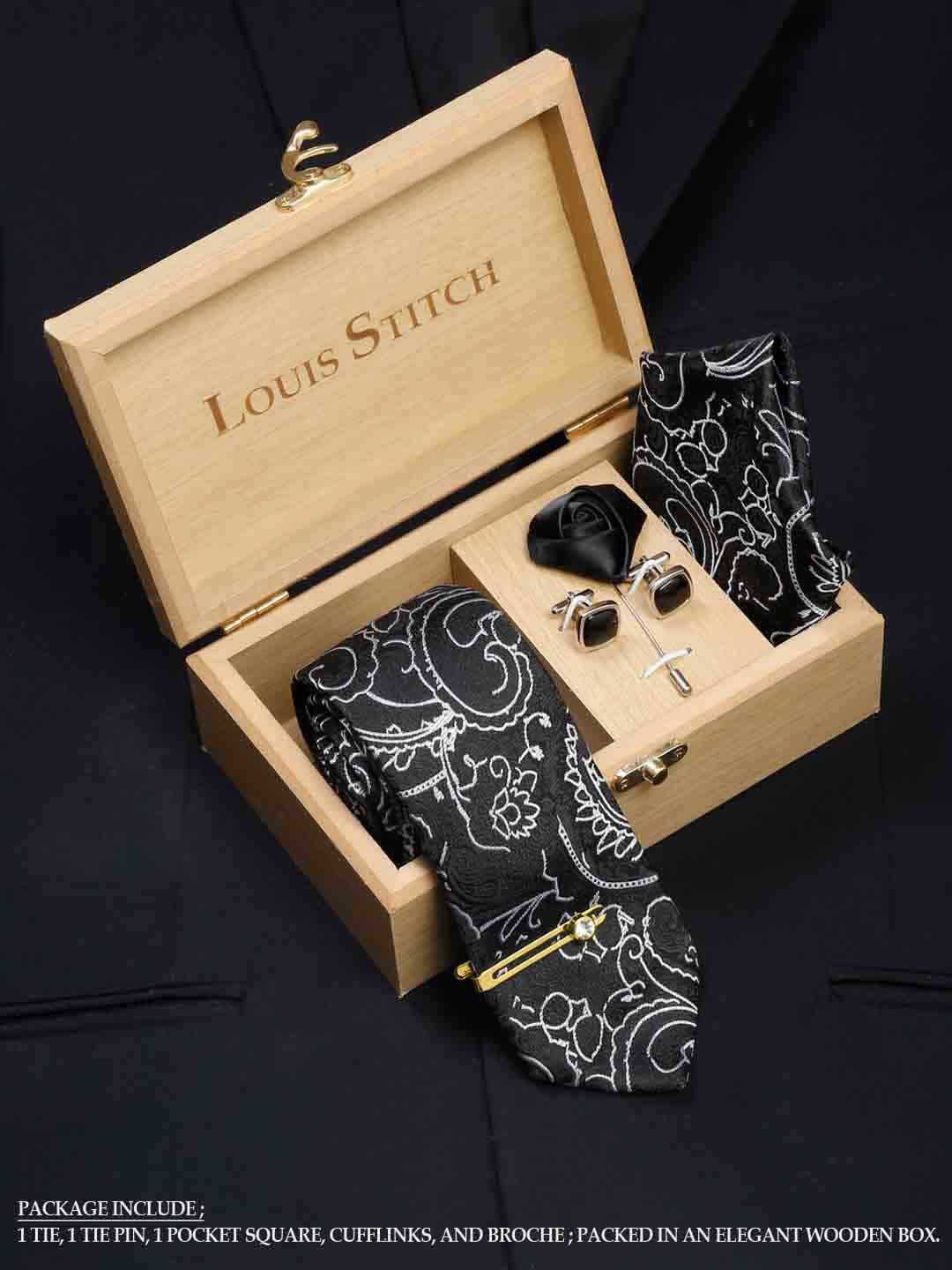 LOUIS STITCH Men Onyx Black Italian Silk Necktie Accessory Gift Set-picture-11