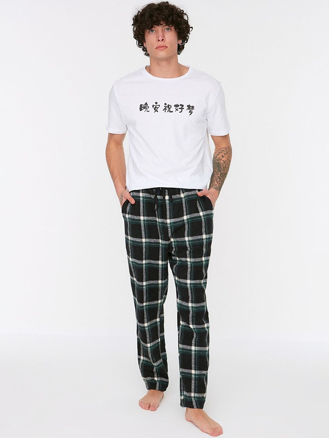 Trendyol Men White & Black Checked Pure Cotton Night suit-picture-45