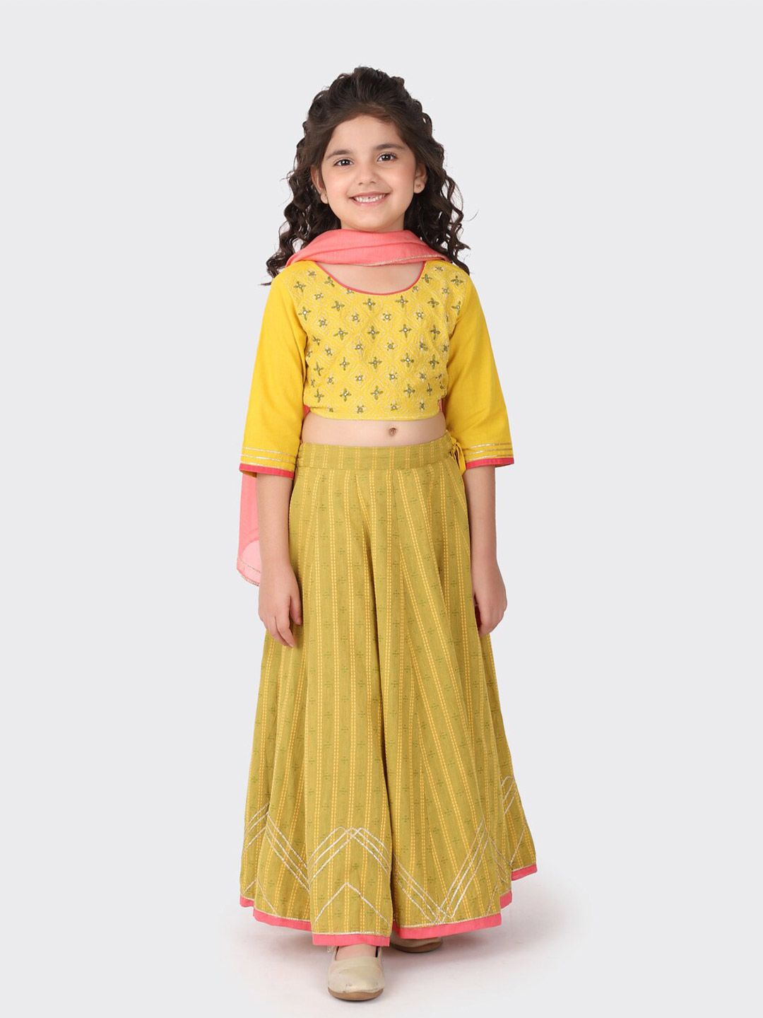 Fabindia Girls Yellow & Peach-Coloured Printed Ready to Wear Lehenga Choli-image-16