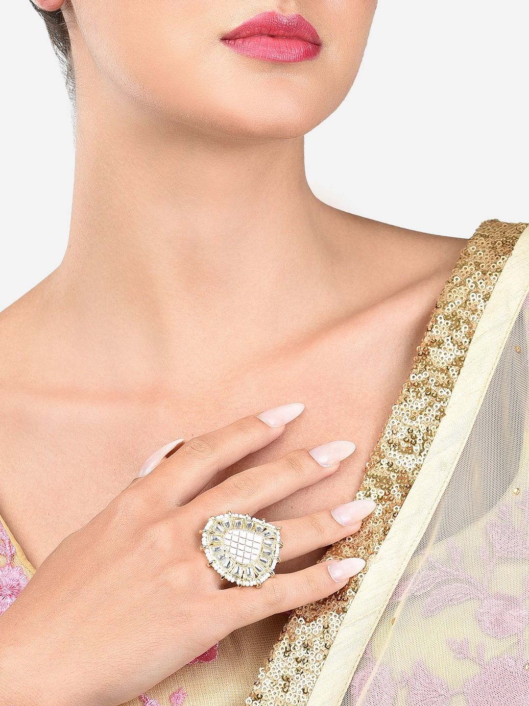 Zaveri Pearls Gold-Plated Pink Meenakari Kundan & Pearls  Ring-picture-38