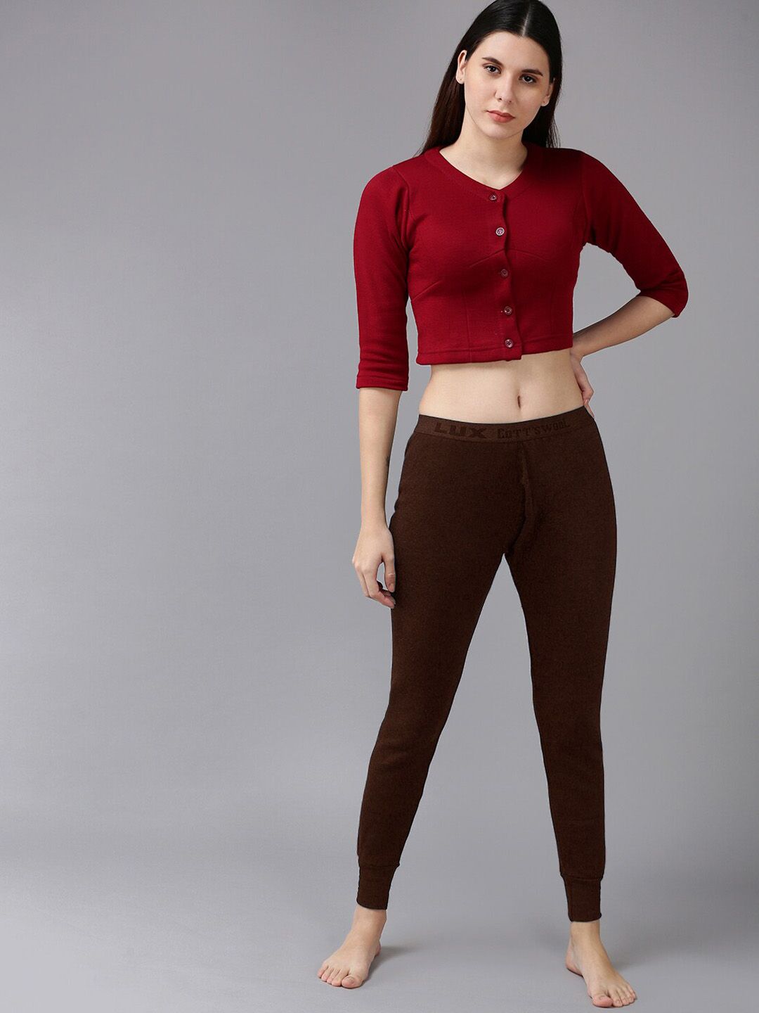 Lux Cottswool Women Maroon & Brown Solid Thermal Set-image-22