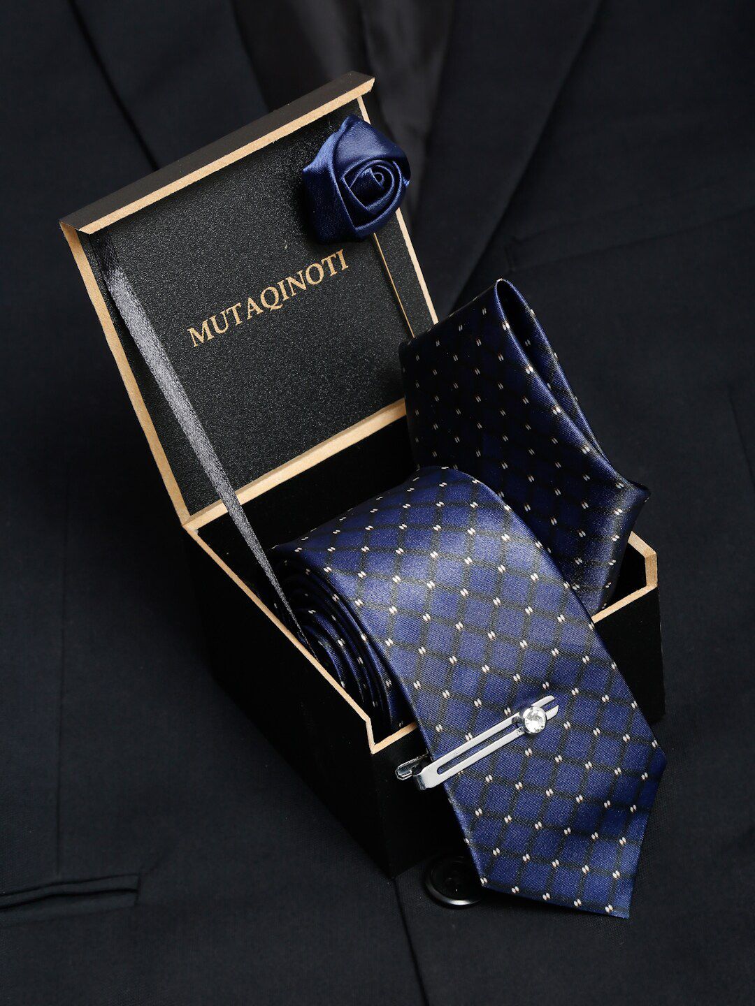 MUTAQINOTI Men Checks Dark Blue Silk Blend Necktie Accessory Gift Set-picture-22