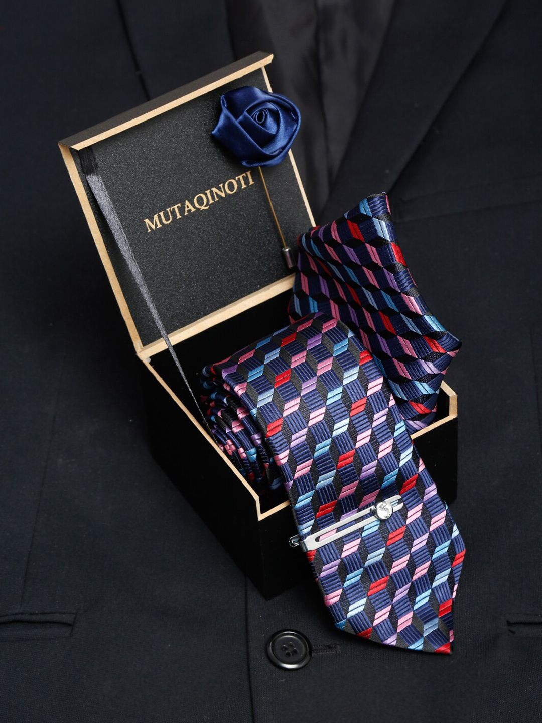 MUTAQINOTI Men Multi Blue Silk Necktie Accessory Gift Set-image-33