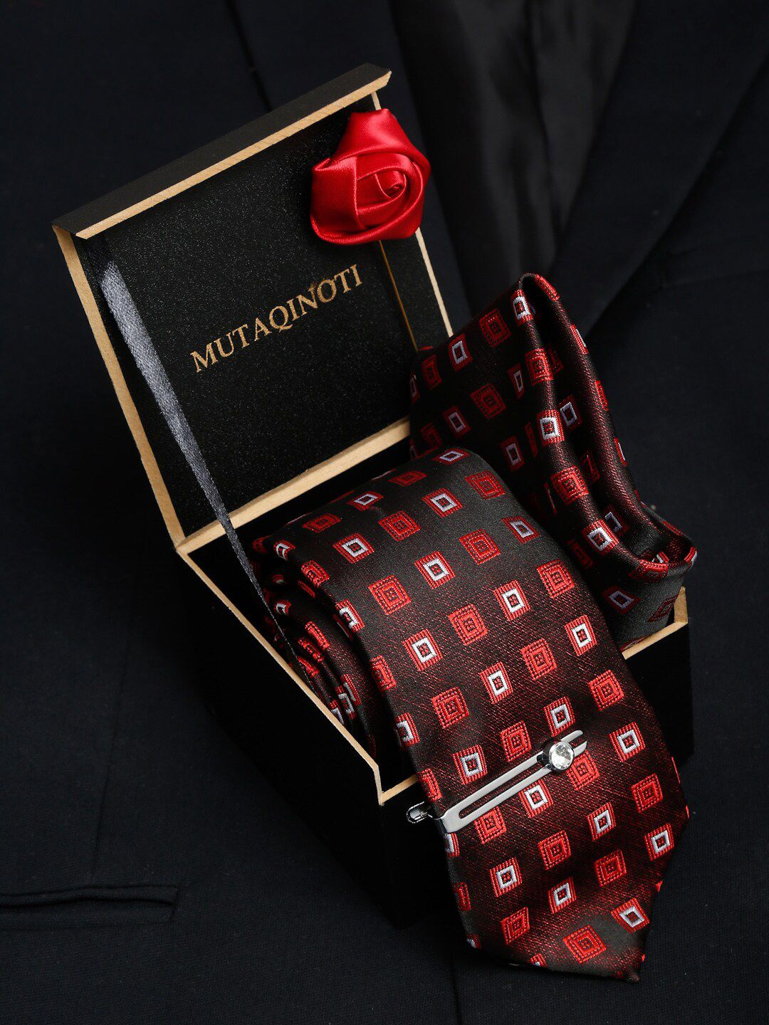 MUTAQINOTI Men Square Brown Silk Necktie Accessory Gift Set-picture-12