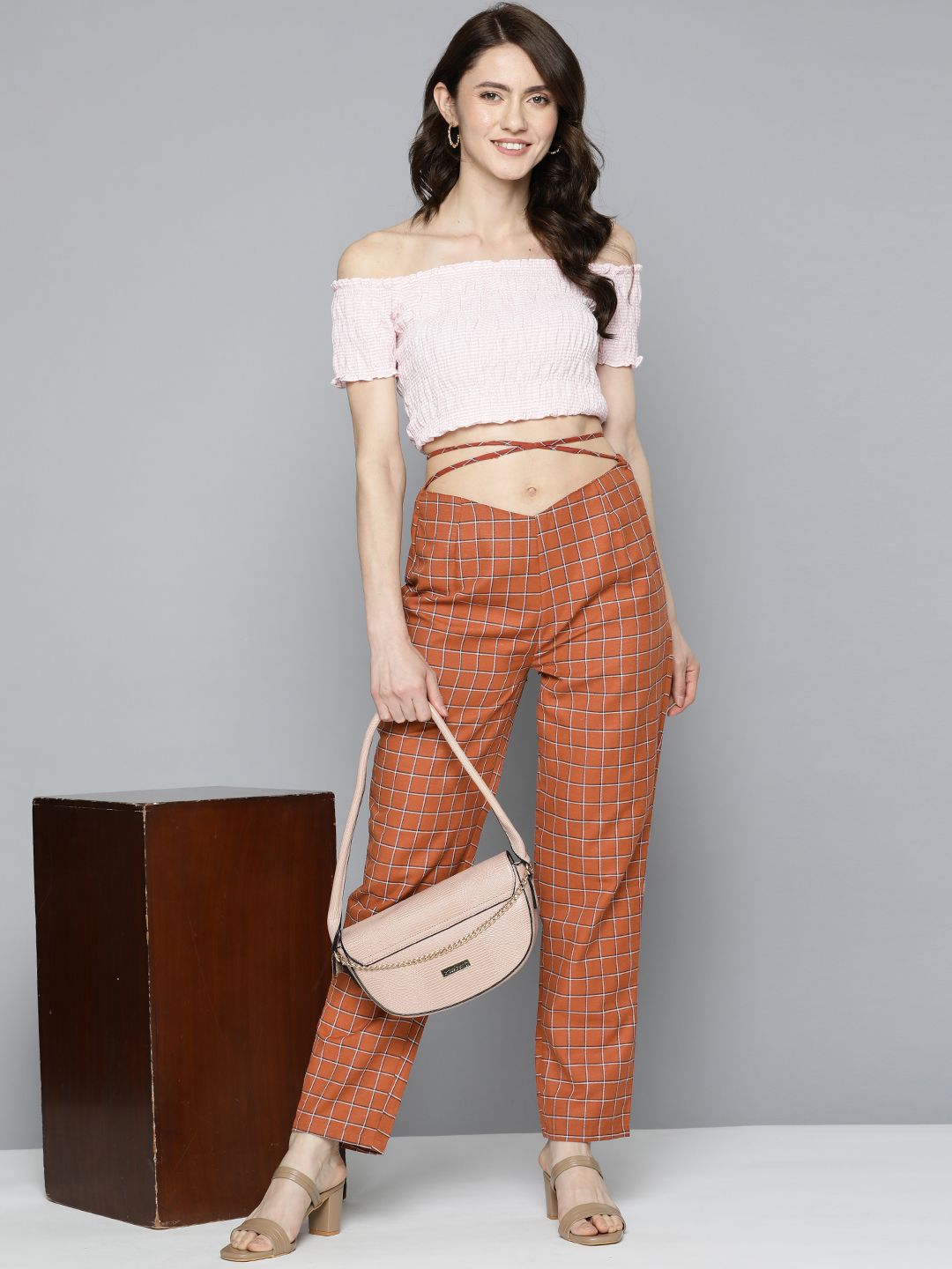 HERE&NOW Women Brown Checked Palazzos-picture-32