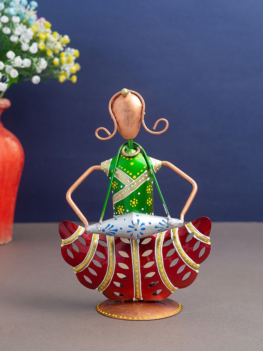Golden Peacock Red & Green Musician Figurine Metal T-Light Candle Holder Showpiece-picture-41