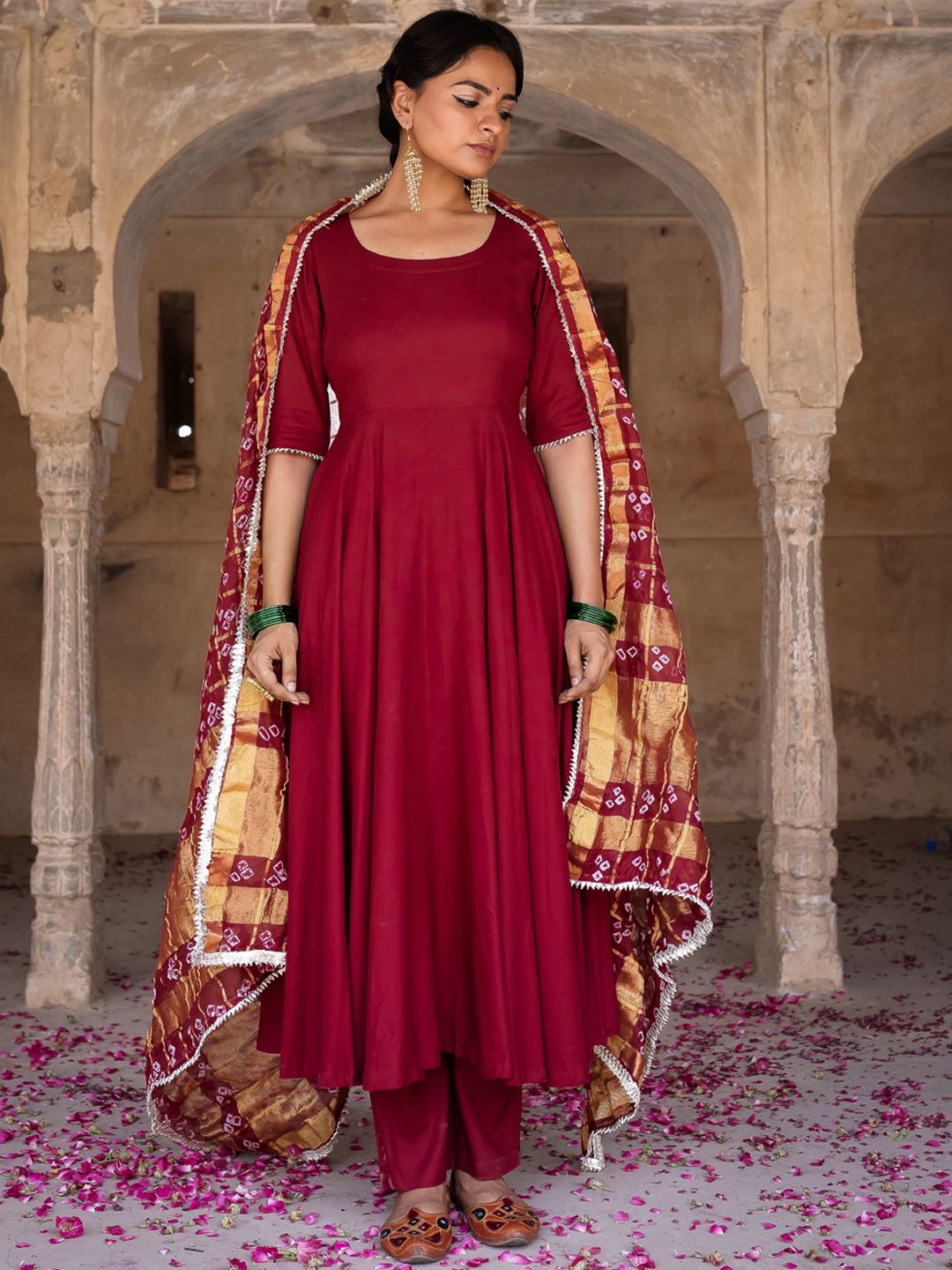 PHEETA Women Maroon Bandhani Pleated Gotta Patti Kurta with Trouser & Dupatta-picture-11